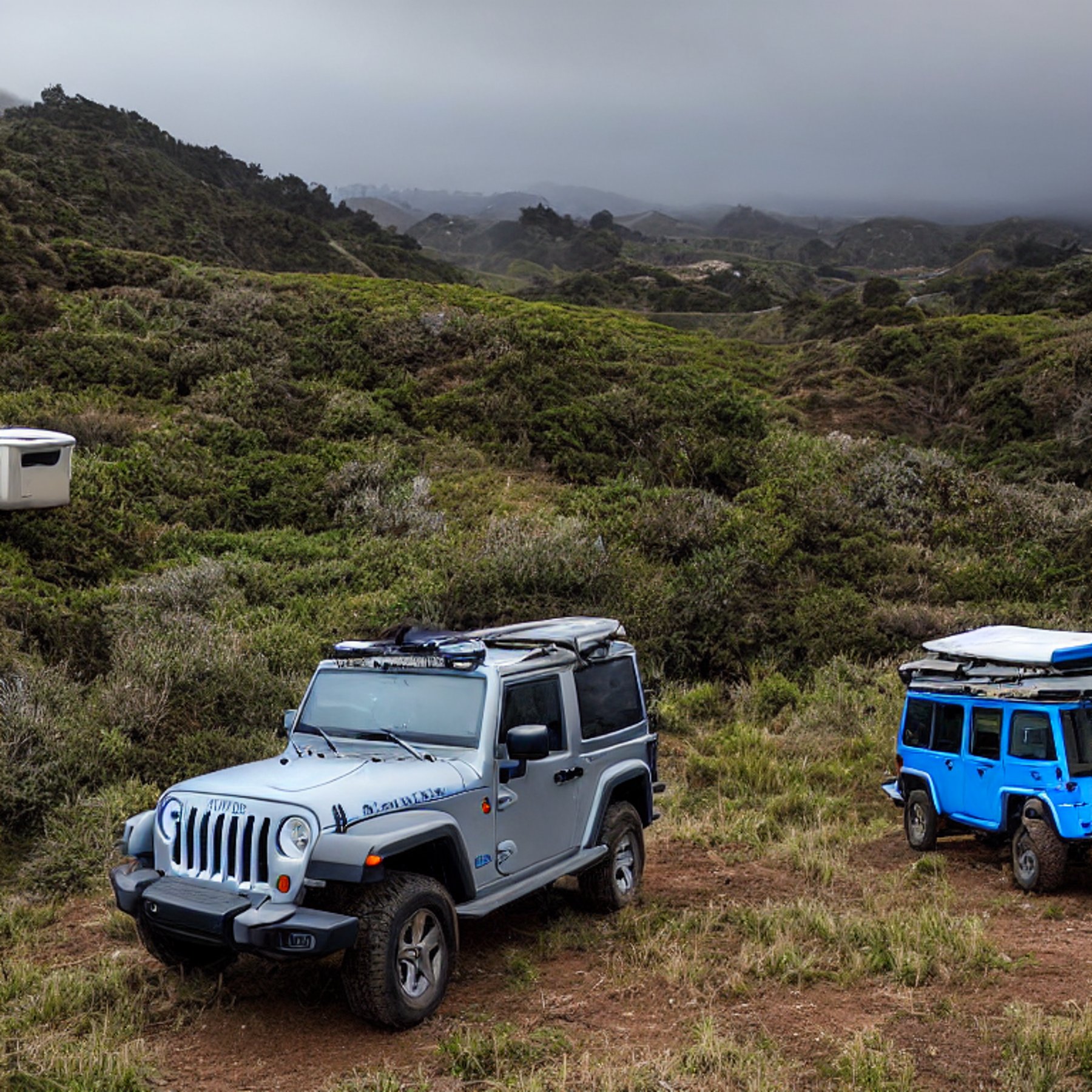 A blue-gray Jeep sits on a dirt campsite beneath a stormy Big Sur sky. Its rooftop tent is open, with a backpack resting in the tall grass nearby. Rolling hills surround the quiet camp.