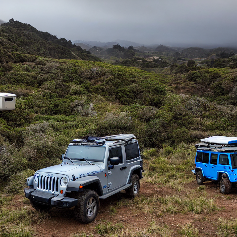 A blue-gray Jeep sits on a dirt campsite beneath a stormy Big Sur sky. Its rooftop tent is open, with a backpack resting in the tall grass nearby. Rolling hills surround the quiet camp.
