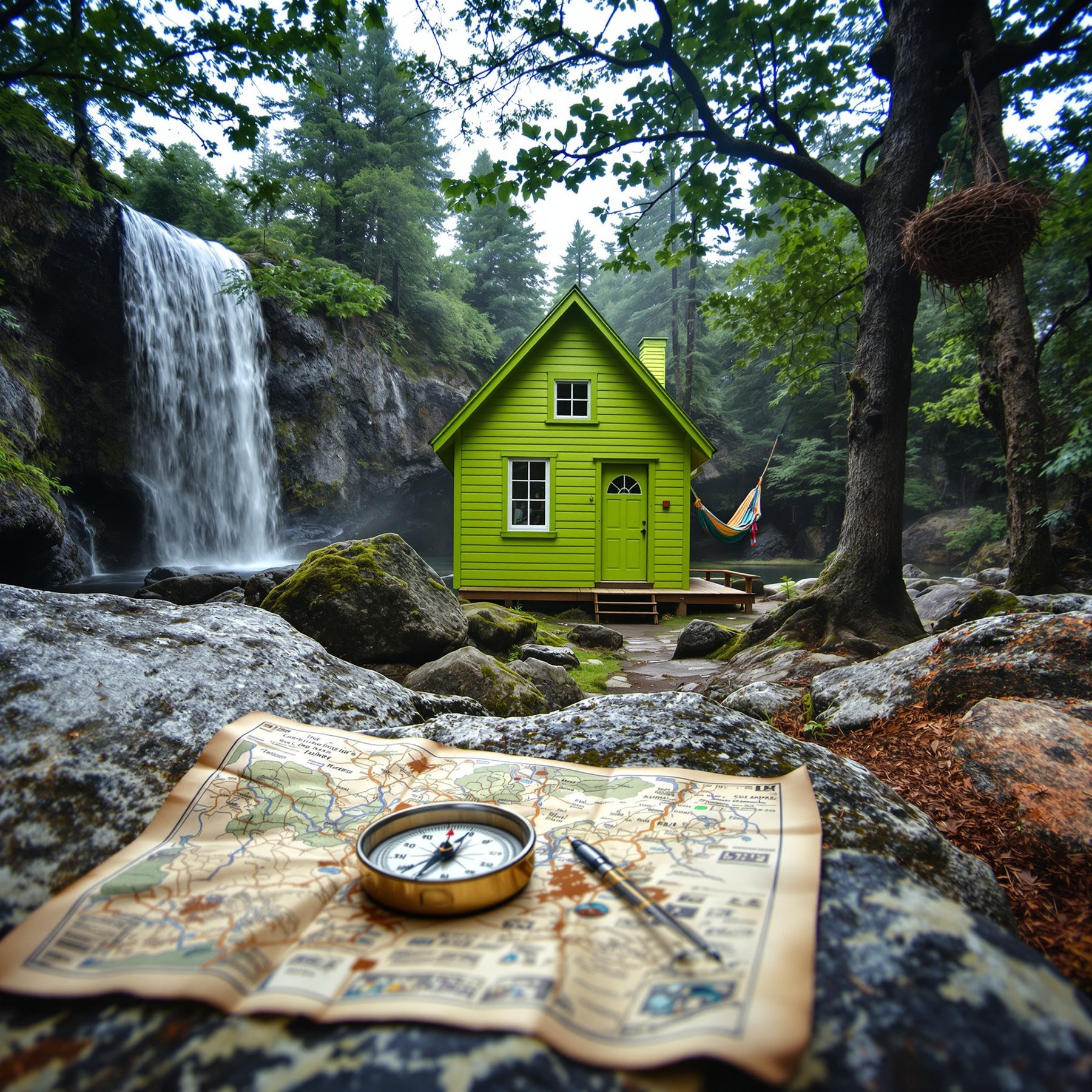 This cozy green cabin sits in a peaceful forest beside a rushing waterfall. Tall trees surround the cabin, and a hammock hangs nearby for relaxing. A map and compass invite you to explore the adventure all around!