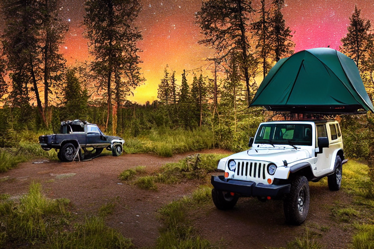 A colorful Jeep with a rooftop tent rests beside a glowing campfire near a quiet river. Tall trees, wet stones, and a dirt path surround the campsite as the northern lights shimmer through the rainy night sky.