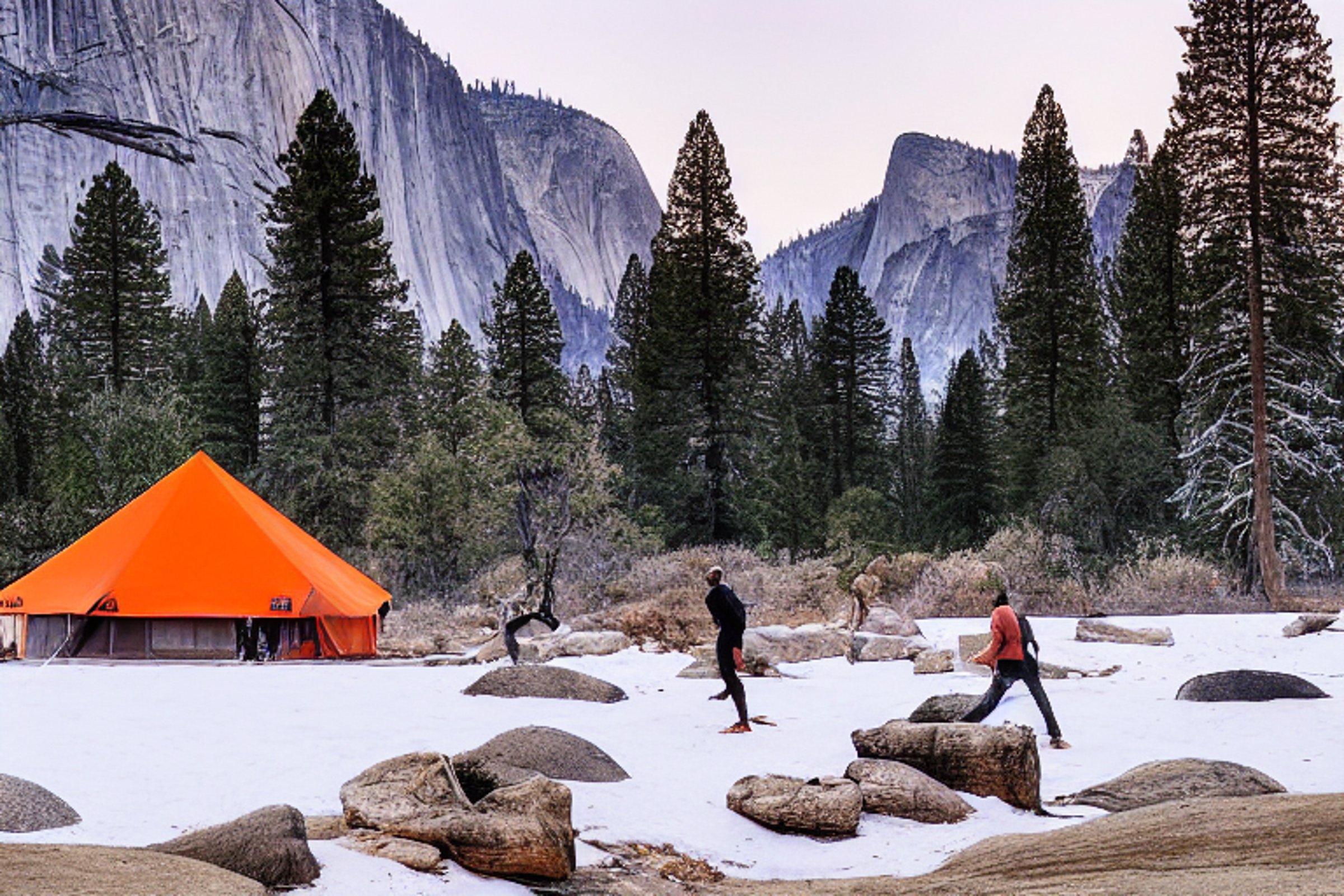 Two bright orange tents sit on a paved campsite as snow falls around them. A small campfire glows beside stone-ringed logs, with rolling hills rising in the soft sunrise light.