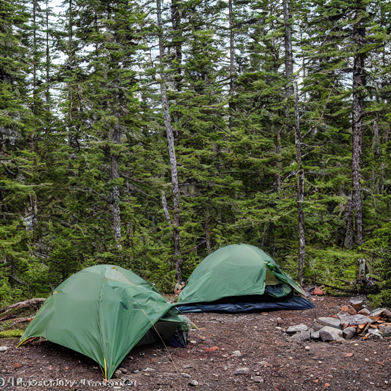 A green tent rests beside a warm campfire in a quiet Isle Royale forest. Fog drifts over the rocky ground, while a small stream winds through the campsite. A dirt clearing and nearby parking spot make this a peaceful place to stay.