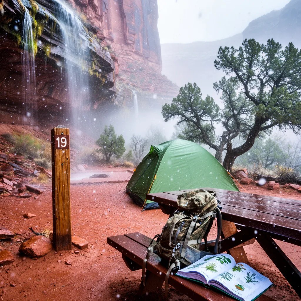 A green camo tent sits quietly under misty red canyon walls, with a gentle waterfall in front and soft snowflakes floating down. A wooden sign marked “19” and a worn picnic table with an open nature book make the campsite feel cozy and hidden.