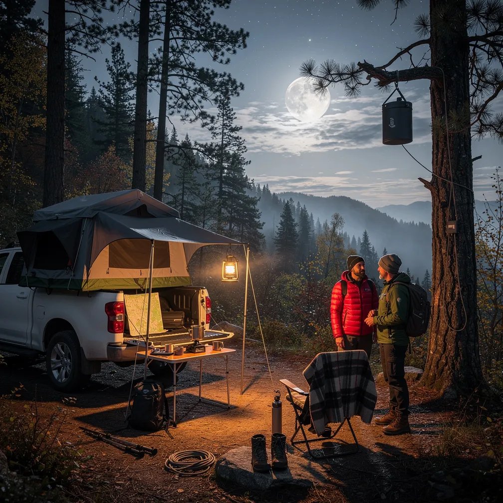 A quiet forest grove sits on a gentle ridge under the rising moon, with a soft haze on the far horizon. A white truck with a tent in the bed rests by a small table while two hikers talk in low voices. A warm lantern glows from a branch, making cozy shadows on the trees and gear. A food canister hangs high on a rope, ready for curious bears.