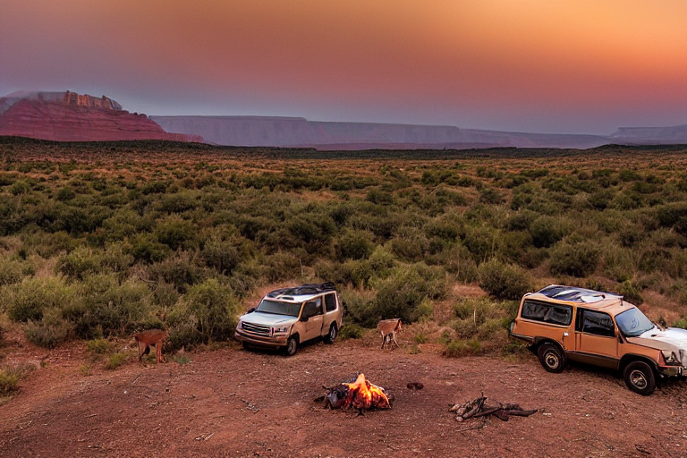 A brown Jeep with its rooftop tent open rests on a rocky campsite in Capitol Reef at dusk. A warm campfire glows among the logs, while fog softens the red rocks and a deer stands in the distance. A berry-covered bush adds a touch of color near the dirt clearing.
