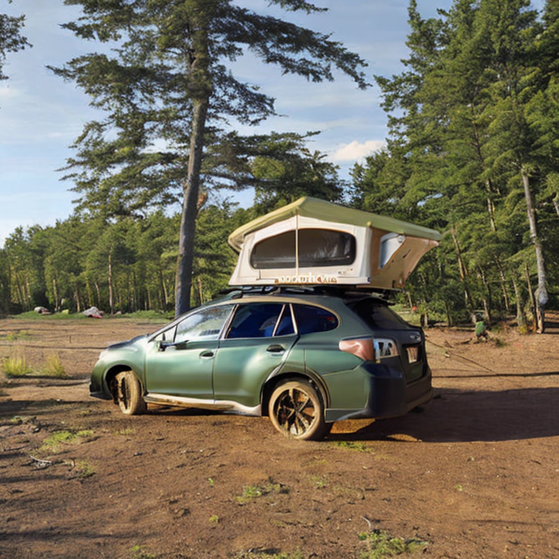 A green Subaru sits at a sunny campsite surrounded by tall bushes and forest. Its rooftop tent is open, with a wooden guitar resting nearby on the dirt. The peaceful North Shore setting has a clear view of the sky and a paved parking spot.