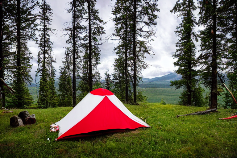 A red and white tent rests on a quiet paved campsite in Montana. A hammock hangs between the trees, while a small campfire sits among stones and logs. Wildflowers brighten the ground beneath a cloudy sky.