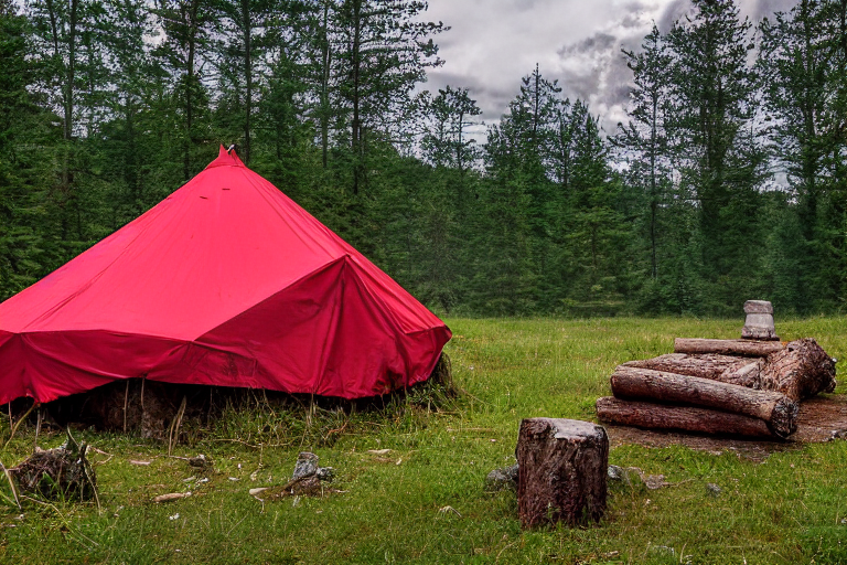 A bright red tent sits on a quiet dirt campsite beside a peaceful lake. Large stone slabs, scattered rocks, and tall grass surround a campfire ring with logs. Soft clouds fill the sky, creating a calm, cool mood.