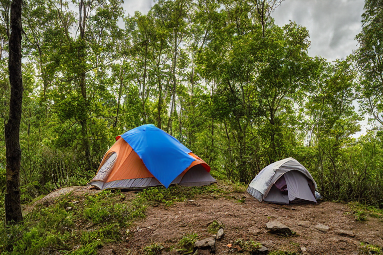 A colorful tent rests on a dirt campsite beside a quiet creek. Small trees, thick bushes, and rocky patches surround the rough ground. Soft sunset light glows beneath the cloudy sky.