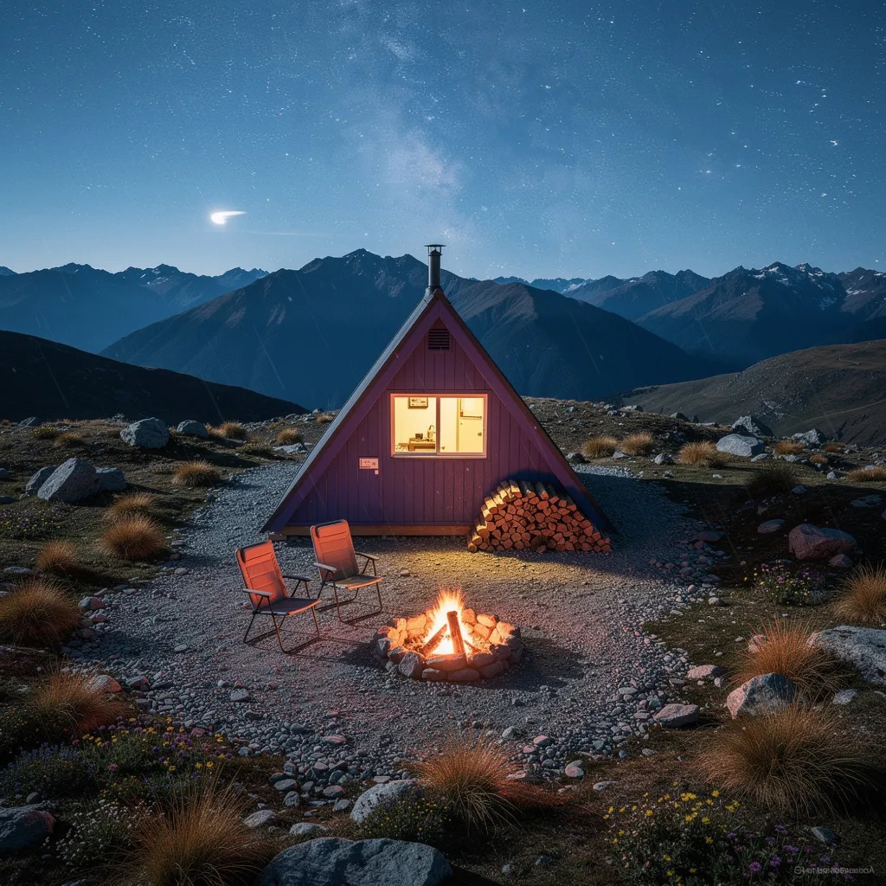 A purple A-frame cabin sits on a rocky alpine ridge under a sky packed with bright stars and the Milky Way. A small campfire glows warm beside two empty chairs, with a tidy stack of firewood ready to burn. Cool moonlight shines on tussock grass and tiny wildflowers, while light snow flurries drift through the crisp night air.