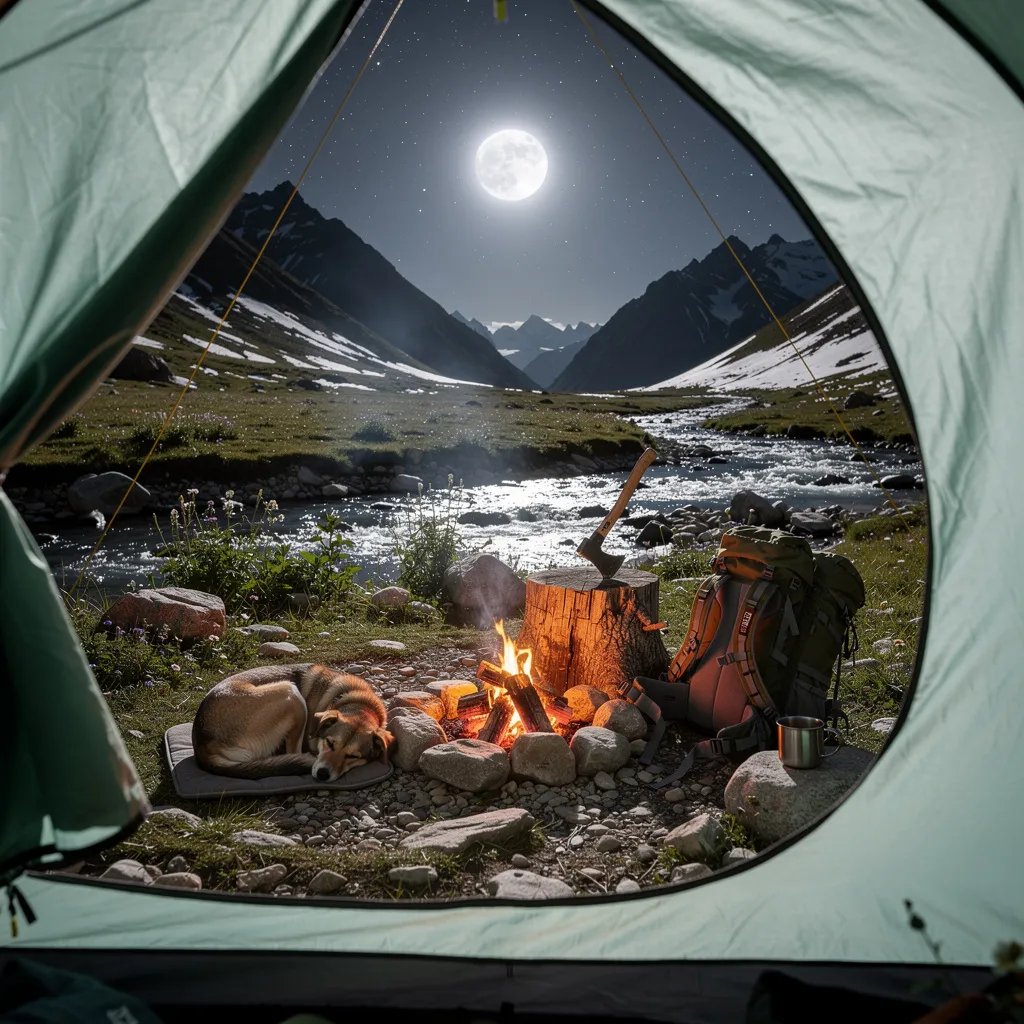 A bright full moon shines over a chilly flower-filled valley, with a rocky stream nearby. From inside the open tent, you can see a small campfire glowing and sending up a thin ribbon of smoke. A sleepy dog is curled up close to the warmth, while backpacks and a metal mug rest on the stony ground. An axe sits stuck in an old stump, making the campsite feel wild and adventurous.
