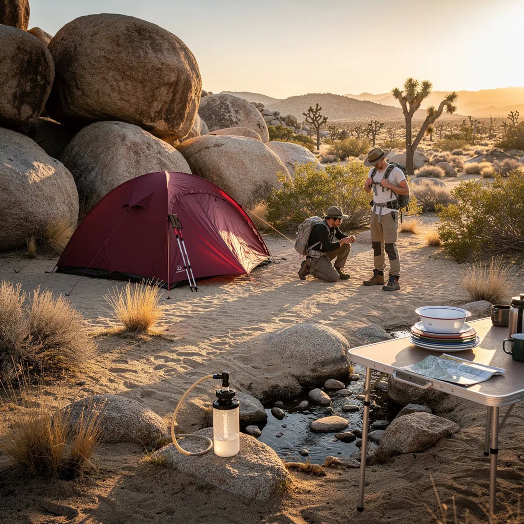 A maroon tent sits by big granite boulders on sandy desert ground with dry grass. Warm golden sunlight makes long, soft shadows as a light breeze drifts by. Two hikers get their gear ready near a tiny trickle of water, with a filter and bottle close at hand. A small camp table holds neatly stacked enamel plates, ready for dinner.