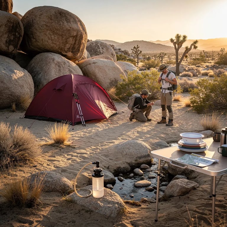 A maroon tent sits by big granite boulders on sandy desert ground with dry grass. Warm golden sunlight makes long, soft shadows as a light breeze drifts by. Two hikers get their gear ready near a tiny trickle of water, with a filter and bottle close at hand. A small camp table holds neatly stacked enamel plates, ready for dinner.