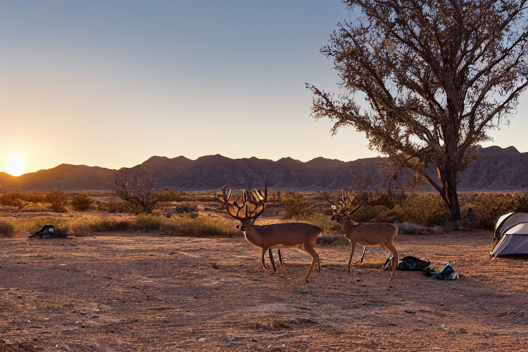 A green tent rests on a quiet paved campsite in the New Mexico desert. Warm sunset light shines over the dusty ground and rolling hills, while a deer stands far away.