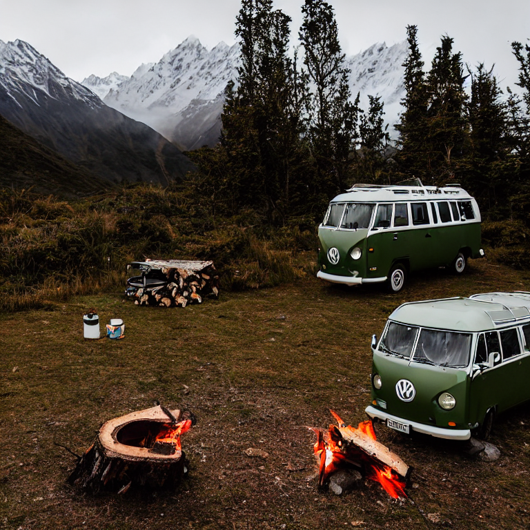 A green VW campervan rests in a quiet forest campsite as soft sunrise light shines through the fog. A campfire, lantern, backpack, and clothesline add a cozy touch to the peaceful mountain setting.