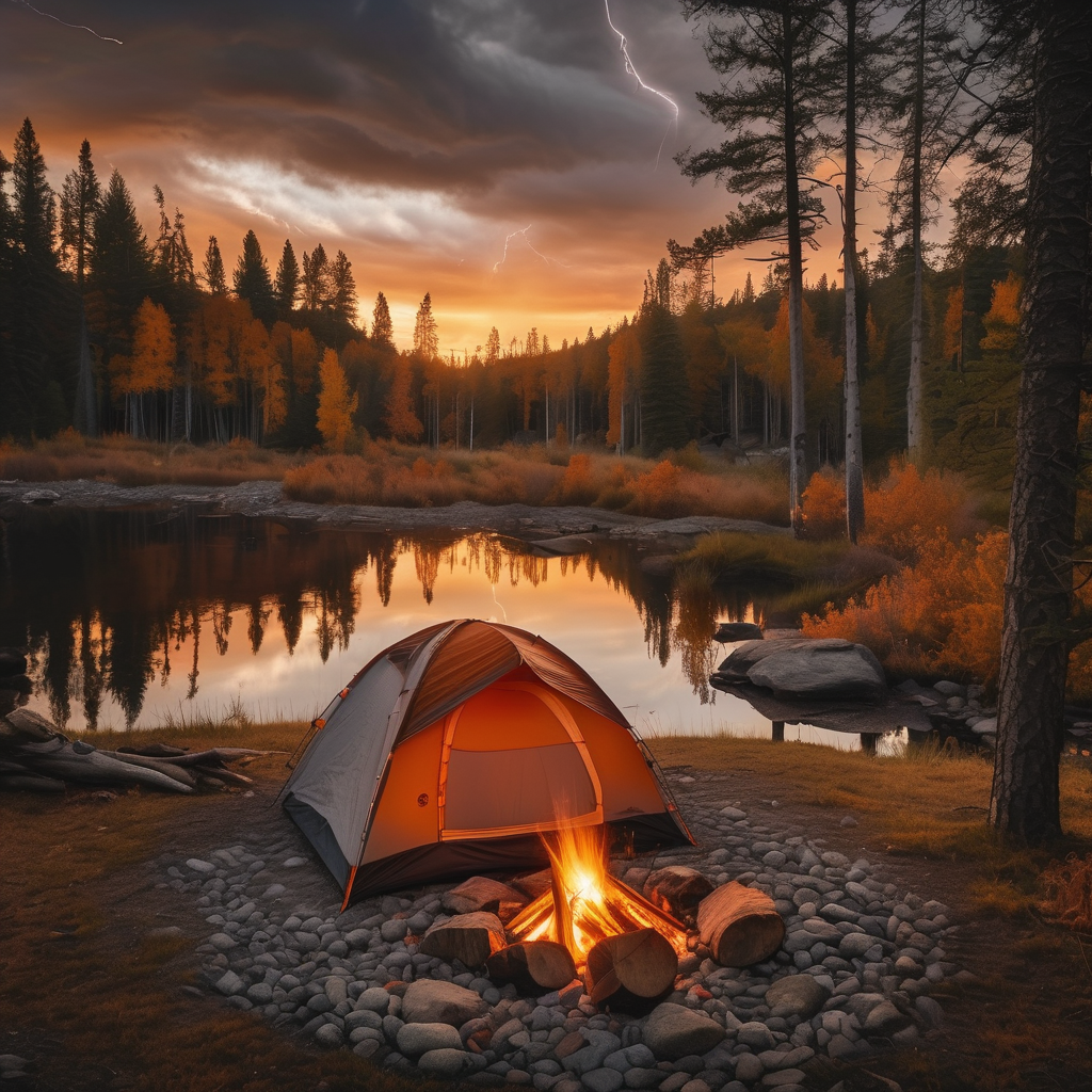A gray and orange tent rests beside a calm pond as the sunset glows under a stormy sky. A small campfire crackles among stone rings, with smoke rising into the air. Fallen leaves, logs, and a backpack complete this peaceful wild campsite.