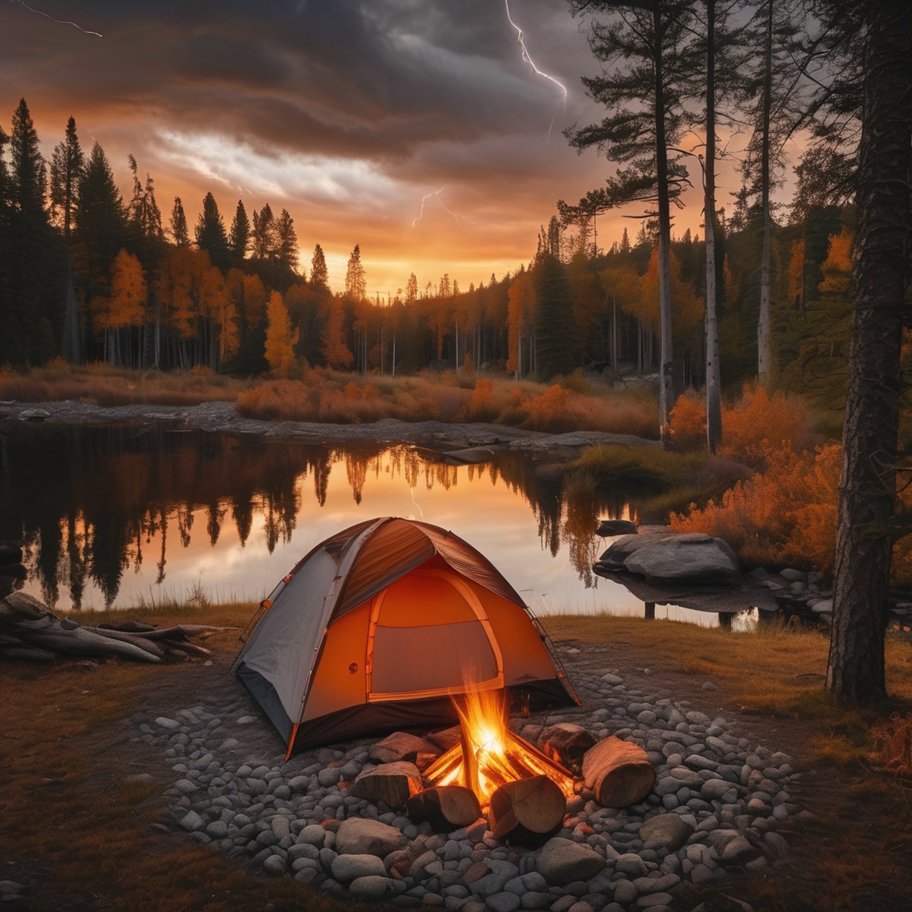 A gray and orange tent rests beside a calm pond as the sunset glows under a stormy sky. A small campfire crackles among stone rings, with smoke rising into the air. Fallen leaves, logs, and a backpack complete this peaceful wild campsite.
