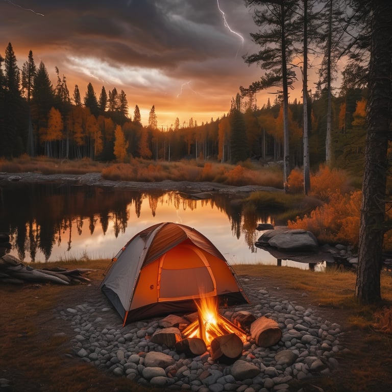 A gray and orange tent rests beside a calm pond as the sunset glows under a stormy sky. A small campfire crackles among stone rings, with smoke rising into the air. Fallen leaves, logs, and a backpack complete this peaceful wild campsite.