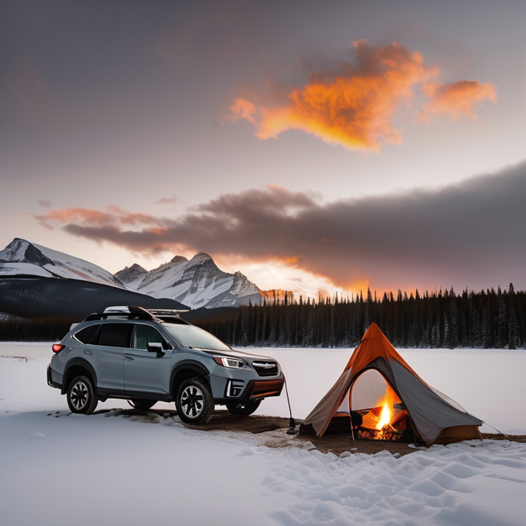 A gray and orange Subaru sits in a snowy Banff campsite with its rooftop tent open. A warm campfire glows beside the dirt path, while clothes hang on a nearby line. Golden light shines through the quiet mountain air.
