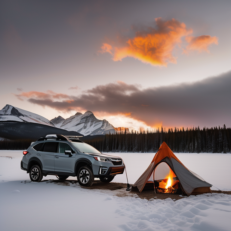 A gray and orange Subaru sits in a snowy Banff campsite with its rooftop tent open. A warm campfire glows beside the dirt path, while clothes hang on a nearby line. Golden light shines through the quiet mountain air.