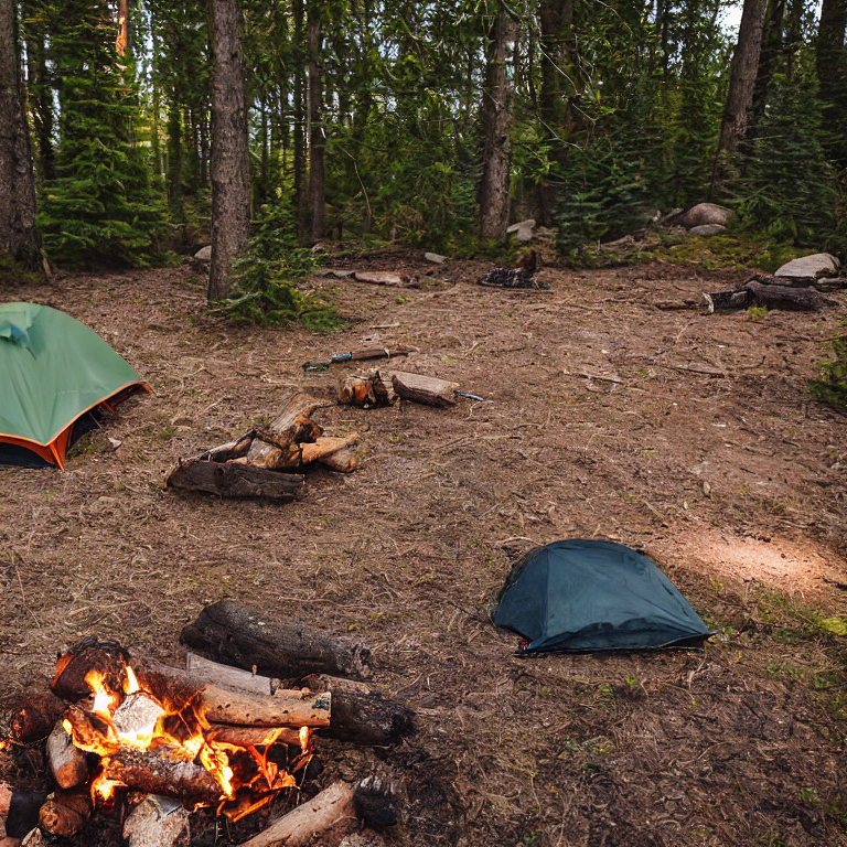 A green tent rests among small trees beside a winding stream in snowy North Shore woods. A warm campfire glows on a ring of stones, with a wooden guitar resting nearby. Golden light makes the quiet campsite feel cozy and peaceful.