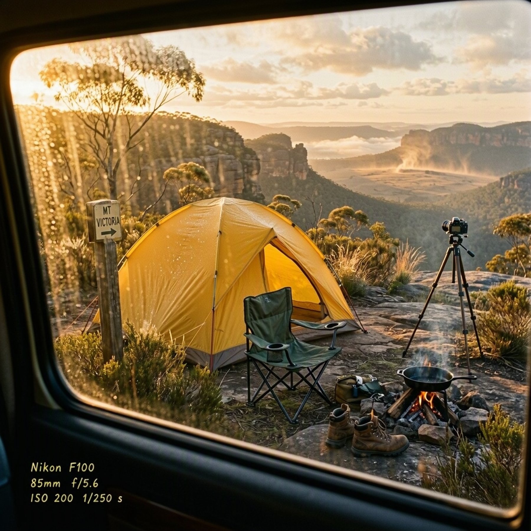 A bright yellow tent rests on a quiet ridge among dry eucalyptus trees and golden heath. Nearby, a campfire warms a skillet beside a chair and hiking boots. A film camera faces the hazy valley as soft evening light makes the dew sparkle.
