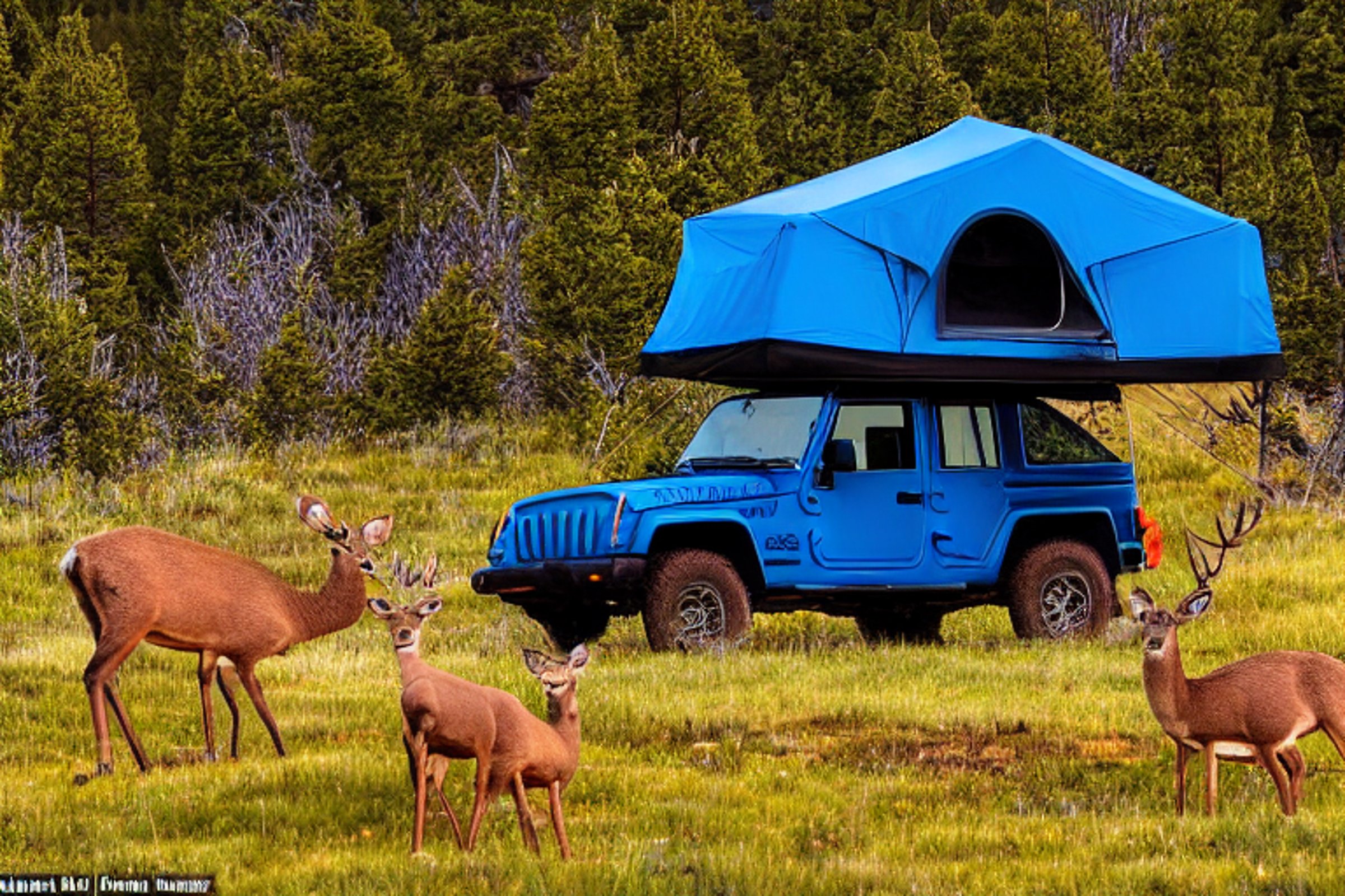 A blue jeep with a rooftop tent rests among rocky boulders in Montana. Deer wander nearby as soft golden light shines through the rainy air. A small camping stove adds a cozy touch to the wild scene.