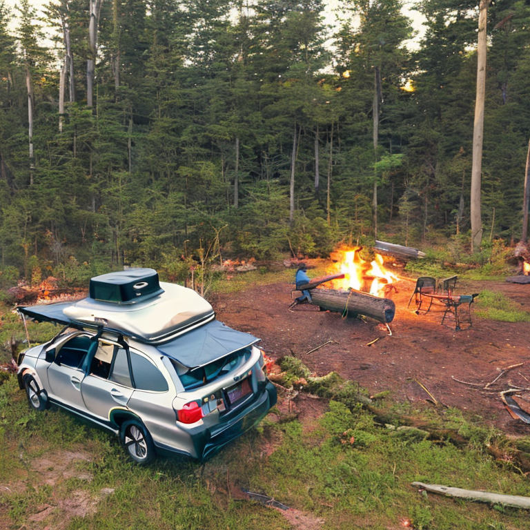 A forest green Subaru sits at a cozy campsite beneath a soft golden sky. Its rooftop tent is open, surrounded by thick bushes and tall trees. A campfire glows beside a large log, with distant mountains rising in the background.