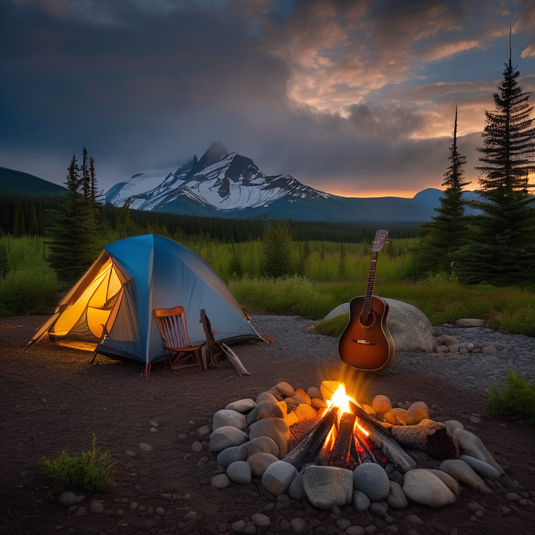 A gray and blue tent rests on a dirt campsite beneath the misty mountains of North Shore, Minnesota. A stone-ringed campfire, wooden guitar, and scattered logs create a cozy feeling. In the distance, a camper’s flashlight glows softly through the rainy golden evening.
