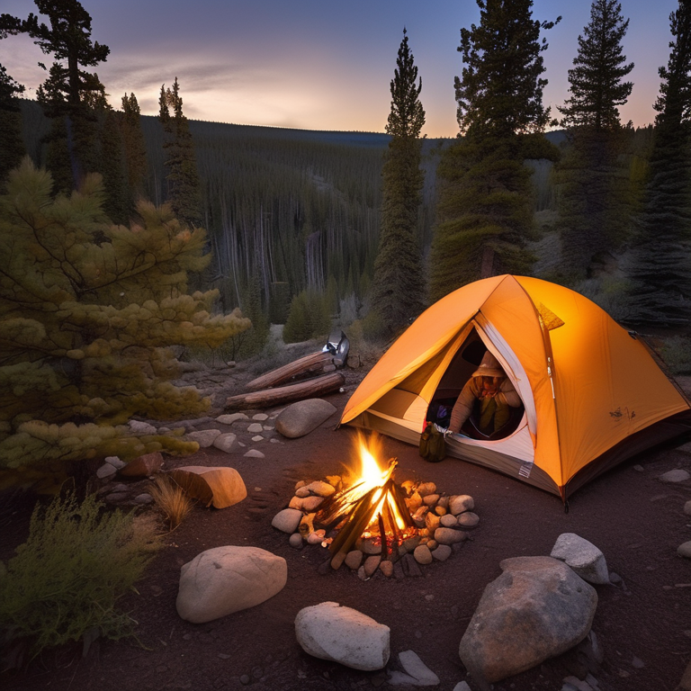 A cozy tent sits on a snowy Colorado campsite beneath the dark night sky. A bright campfire glows among a ring of stones, with camping gear nearby and leaves scattered across the dirt. In the distance, a person’s flashlight shines through the quiet trees.