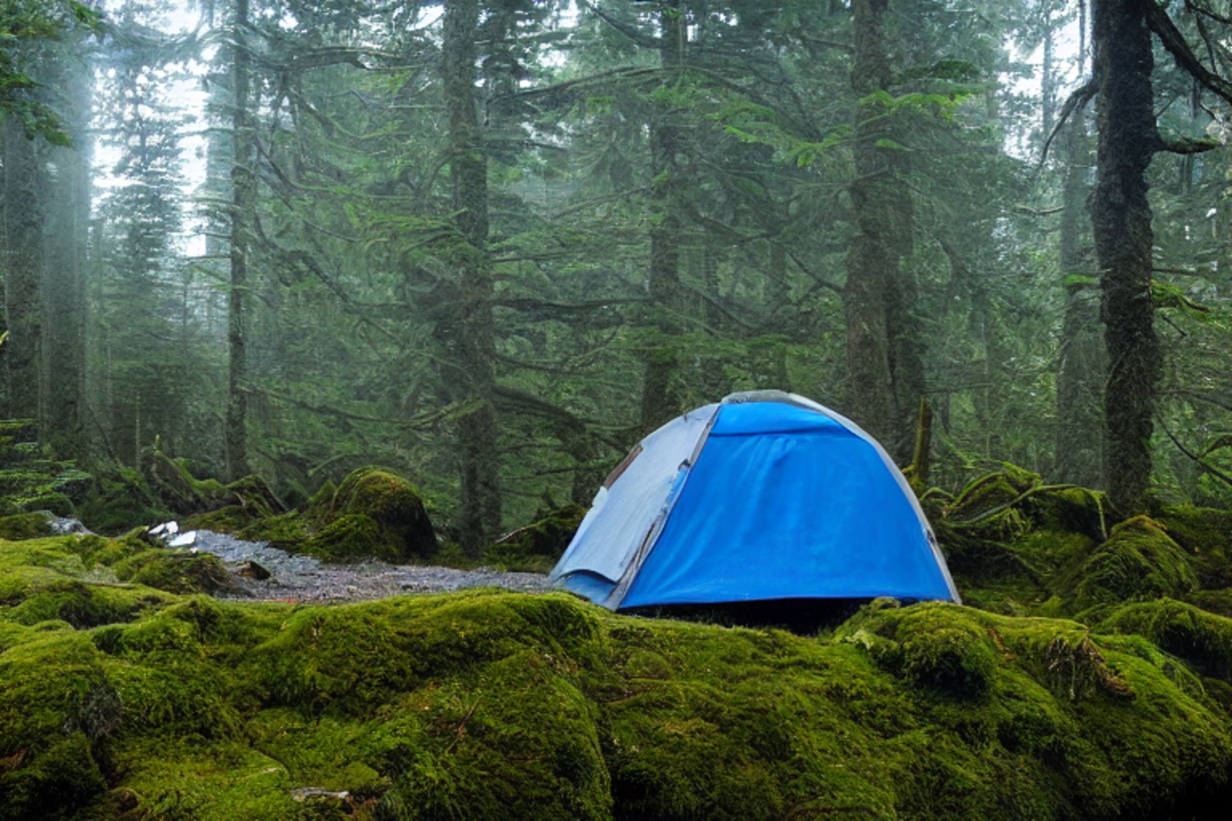 A blue-gray tent rests on a paved campsite in the misty Smoky Mountains. Moss-covered trees and green ferns surround a small dirt patch, while soft sunrise light glows through the cloudy sky.