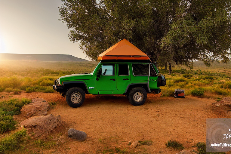A green Jeep with a rooftop tent rests in a quiet dirt campsite at dusk. Fog drifts over the rolling hills, while tall trees and a hiking path surround the camp. A box of gear sits nearby, ready for adventure.