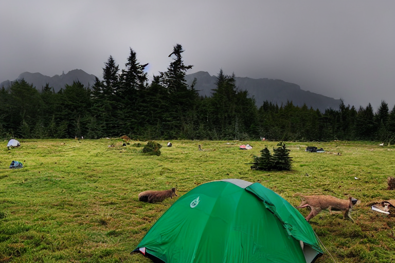 A green tent rests beside a campfire on a dirt patch near Cannon Beach. Stormy skies hang over the forest, with a mountain in the distance. A deer and a person carrying a flashlight add quiet life to the wild scene.