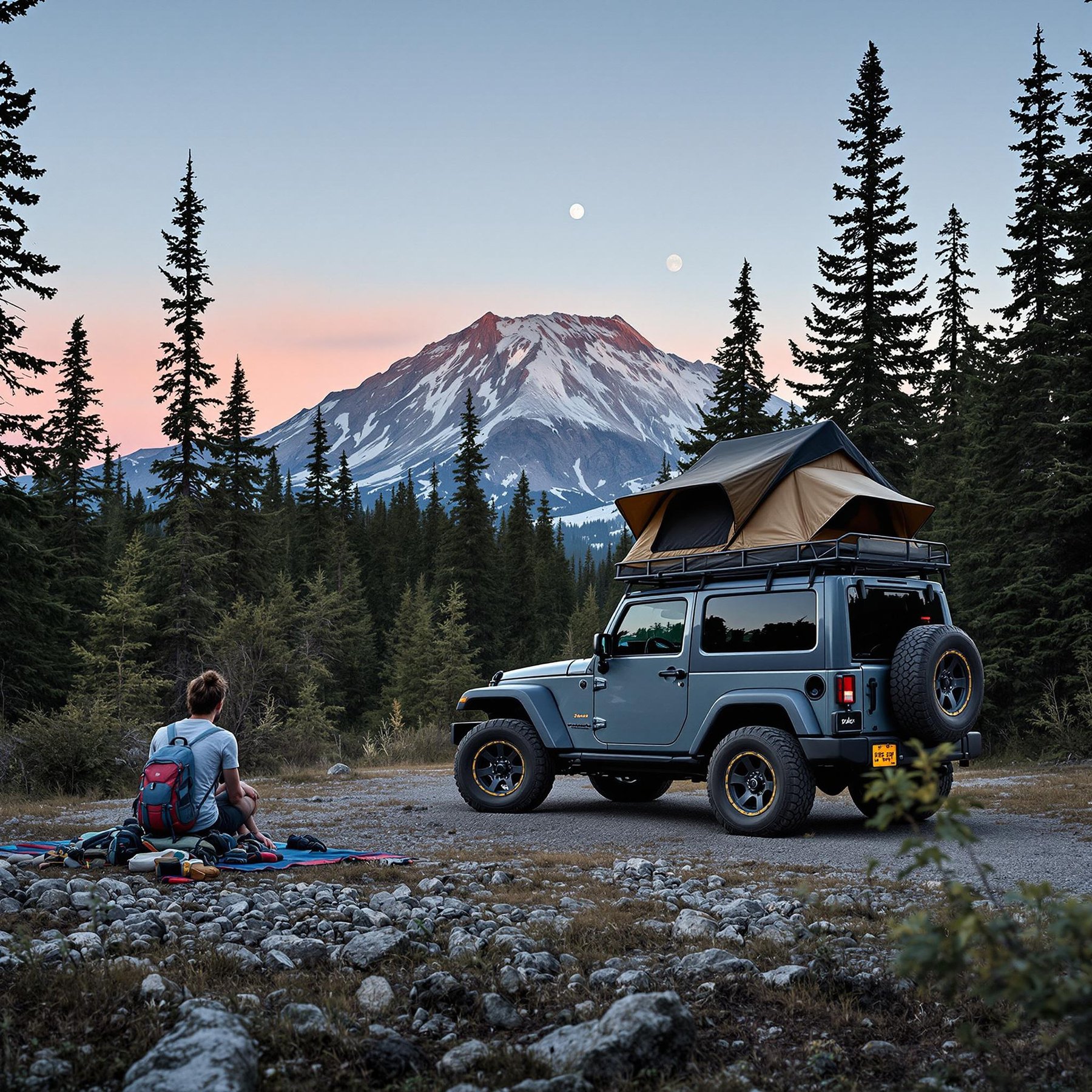 Tall pine trees surround a peaceful campsite with a mountain in the distance and a cool jeep with a rooftop tent. The sky is colorful, and two bright moons shine above. It’s a calm place to relax and enjoy nature.