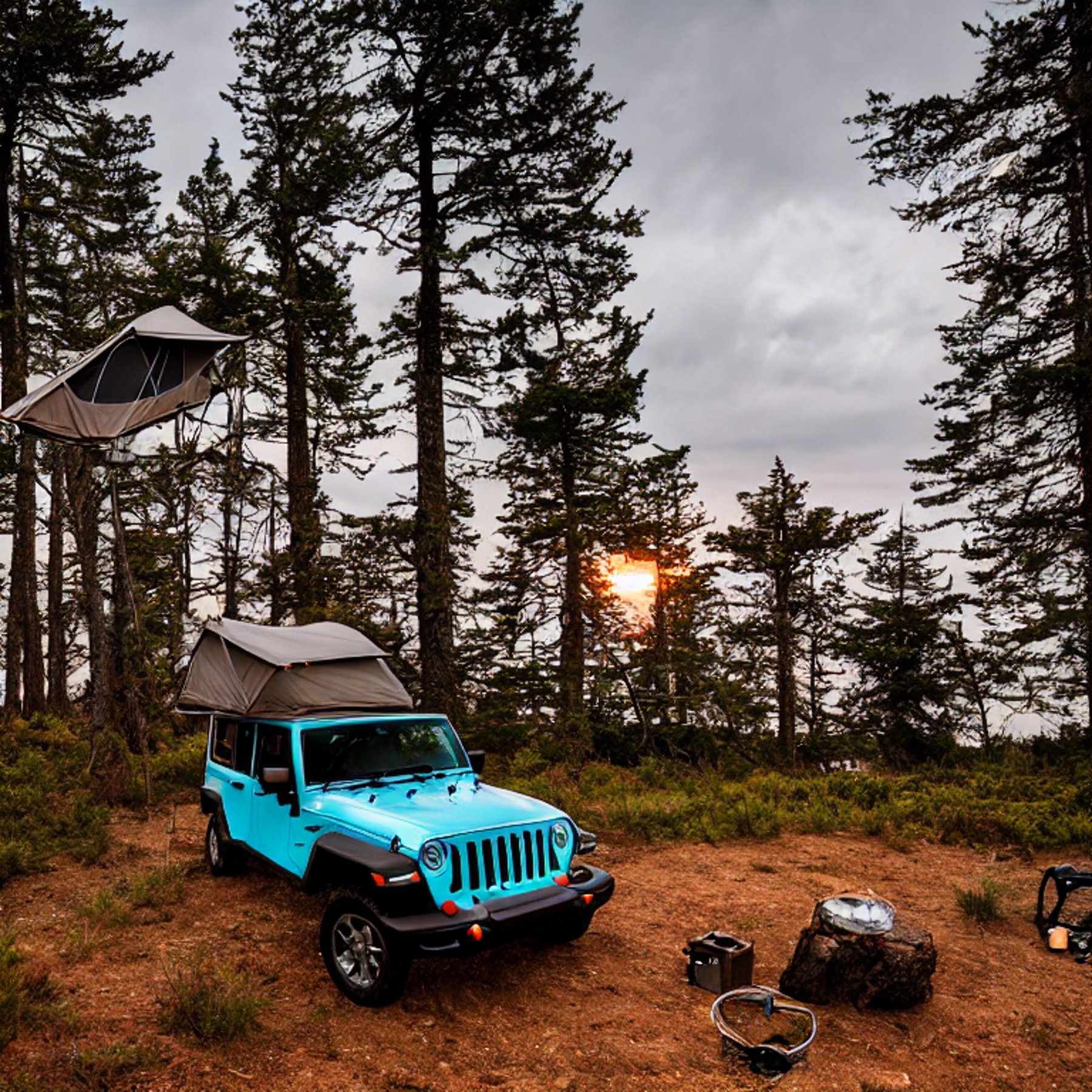 A Jeep with its rooftop tent open rests on a paved campsite along the California coast. Large trees, fallen leaves, and rough ground surround the camp, while cloudy sunset light fills the sky. A warm flashlight glows inside the tent, making the campsite feel cozy.