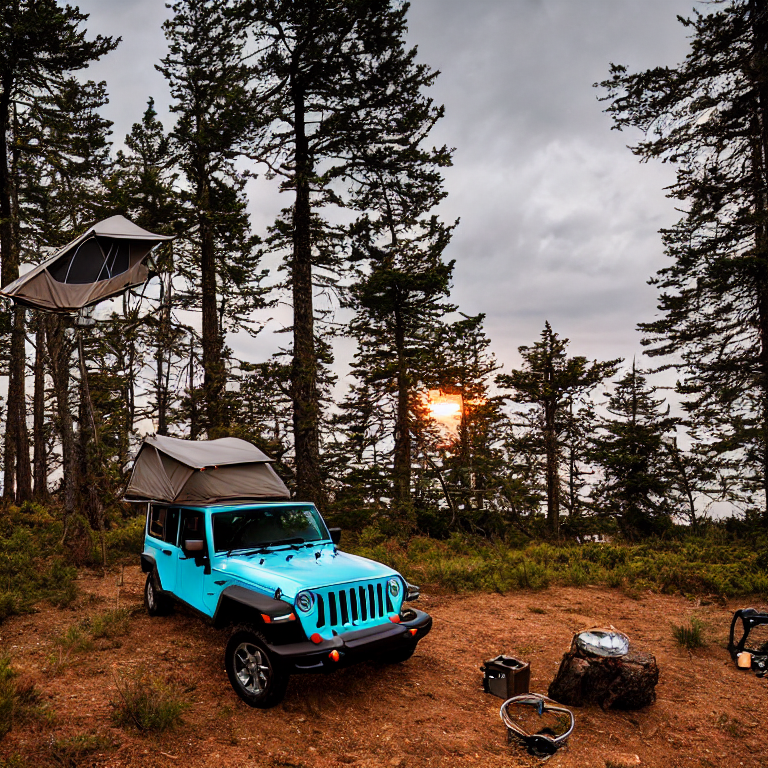 A Jeep with its rooftop tent open rests on a paved campsite along the California coast. Large trees, fallen leaves, and rough ground surround the camp, while cloudy sunset light fills the sky. A warm flashlight glows inside the tent, making the campsite feel cozy.