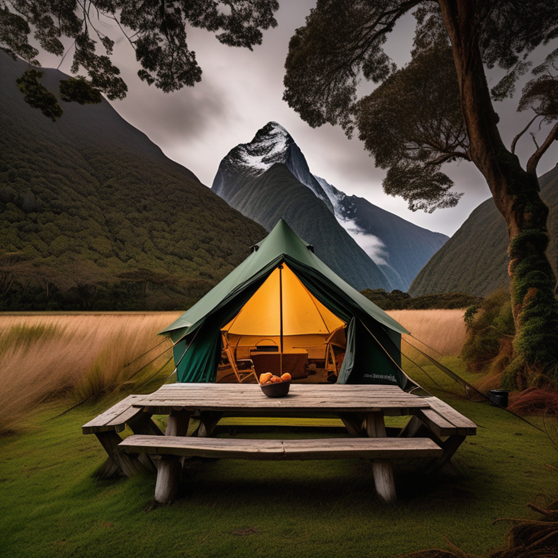 A green tent rests in a grassy clearing surrounded by thick bushes in Milford Sound. A small campfire warms the area beside a picnic table, while golden light shines through the rainy air. Rough ground and wild greenery give the campsite a cozy, untamed feel.