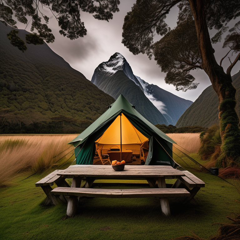 A green tent rests in a grassy clearing surrounded by thick bushes in Milford Sound. A small campfire warms the area beside a picnic table, while golden light shines through the rainy air. Rough ground and wild greenery give the campsite a cozy, untamed feel.