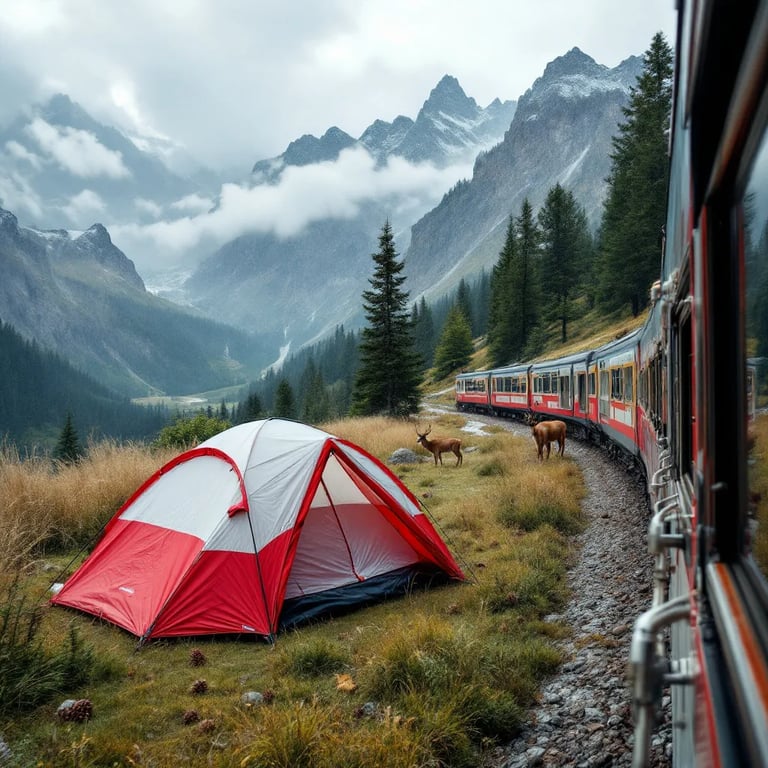 A red and white tent rests in a sunny mountain meadow filled with tall grass and pine cones. A deer stands in the distance near the pine trees, while an outdoor shower sits behind a small privacy screen. The scene is partly cloudy and viewed from a passing train.