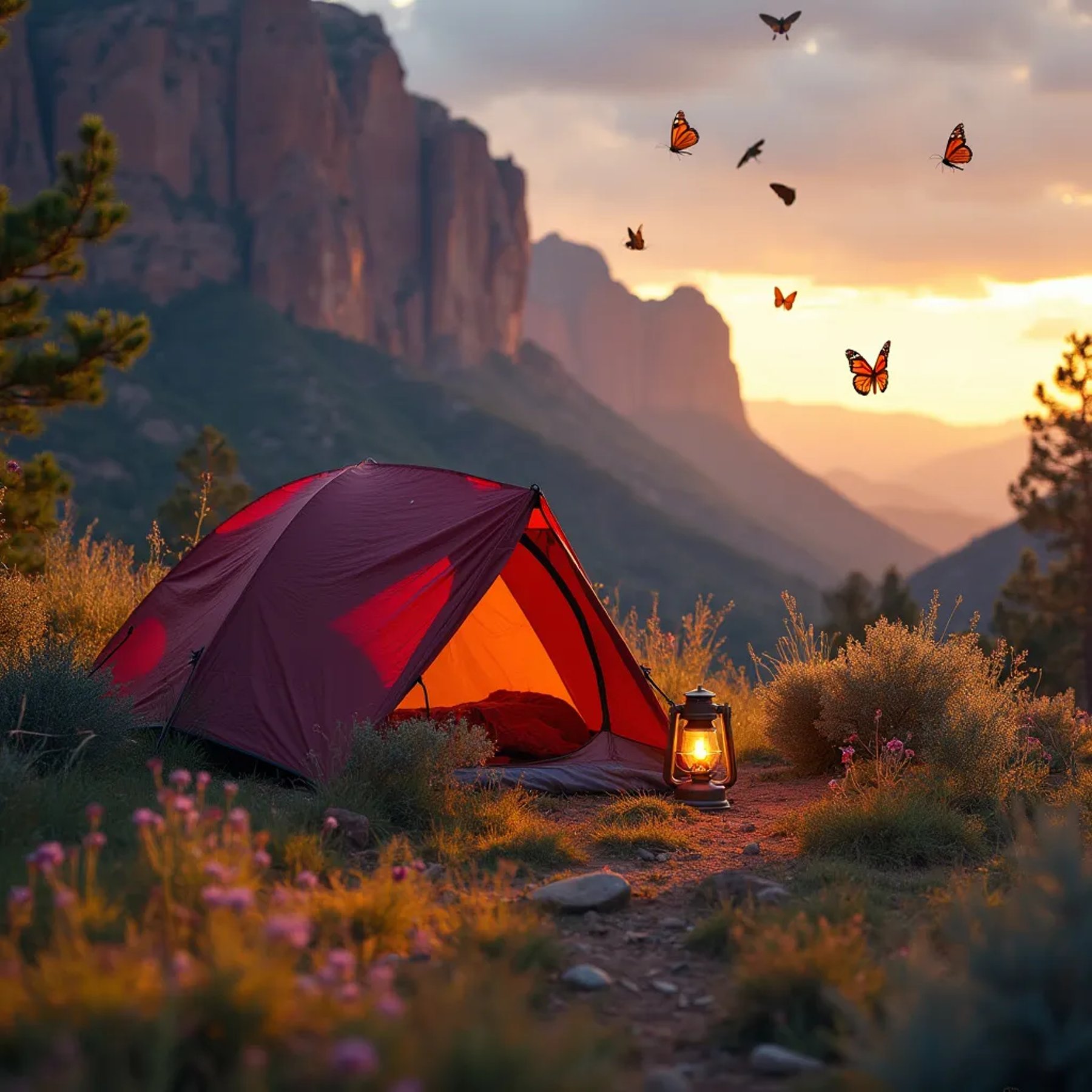 A burgundy tent rests among wildflowers in Zion National Park as the sun sets. A lantern glows nearby while hikers explore the rocky landscape. Monarch butterflies drift through the partly cloudy sky, seen from high above.