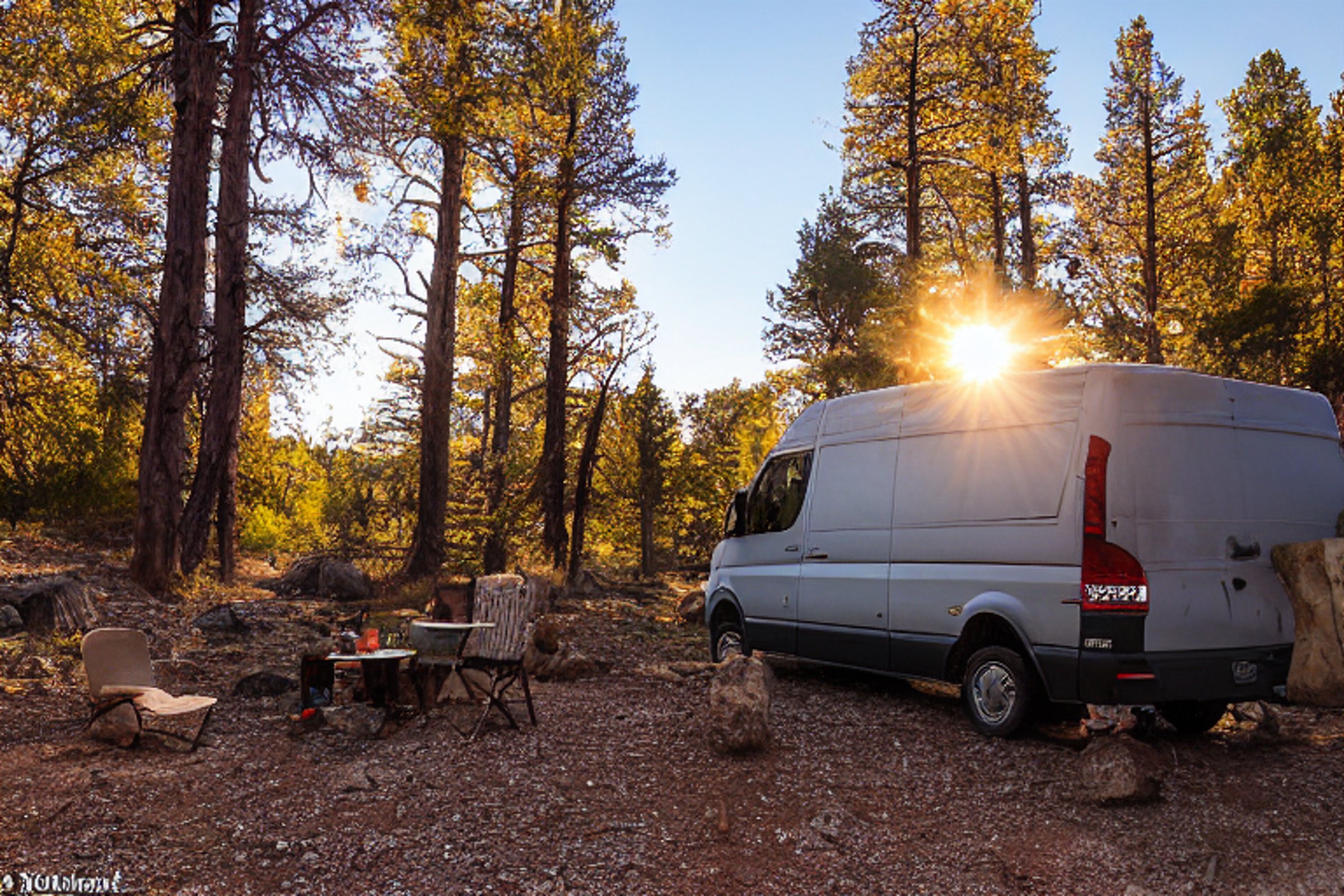 A cozy camper van rests on a dirt patch in Capitol Reef National Park. Large stone slabs, ferns, and bright fall trees surround the campfire as the sun sets. The clear sky and warm light create a peaceful evening.