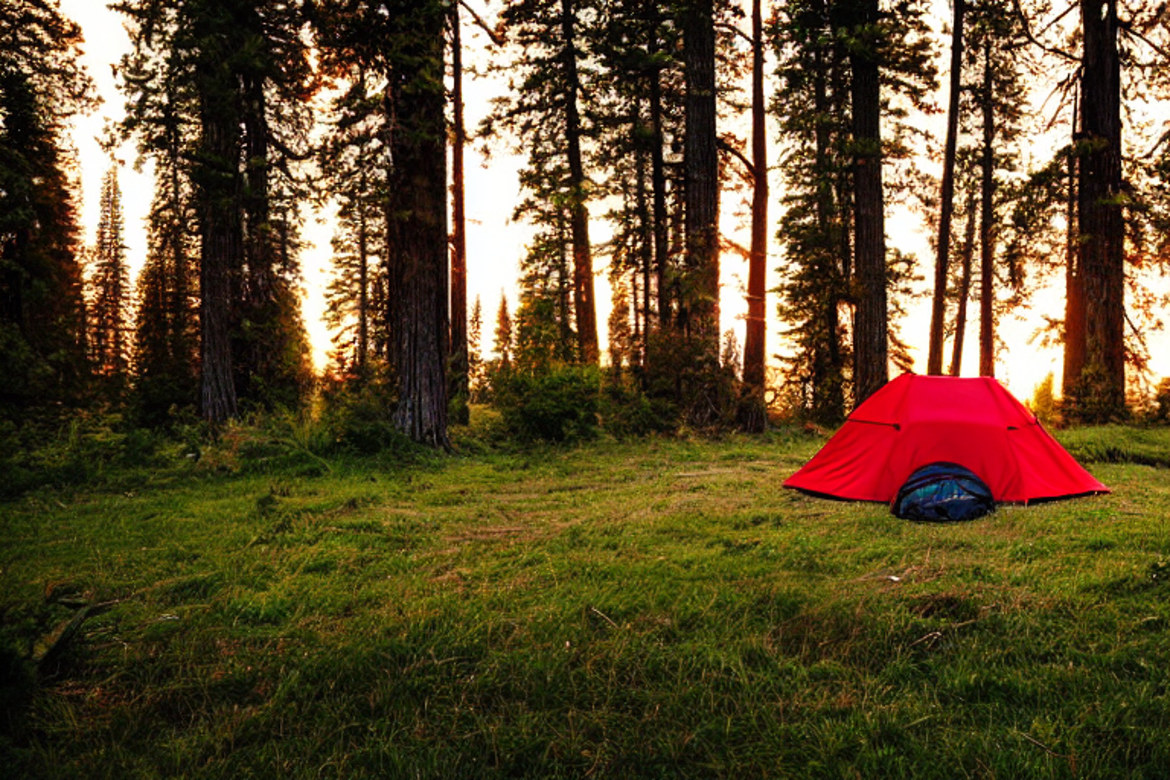 A red and white tent rests on a dirt patch in Yosemite, surrounded by tall, wet grass and trees. A hammock hangs nearby, while a backpack and wooden guitar sit on the ground. Soft golden light shines through the rainy air, creating a calm, cozy mood.