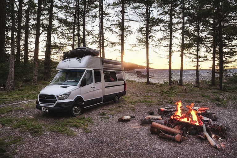 A cozy van campsite rests on a quiet beach beside the ocean. A warm campfire glows among the stones as the sun sets, with large rocks and gravel patches adding to the peaceful scene.