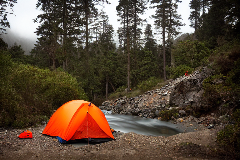 An orange tent rests on a rainy campsite in Big Sur at night. A small stream winds through the gravel and dirt, while a box of camping gear sits nearby. In the distance, a camper’s flashlight glows softly.
