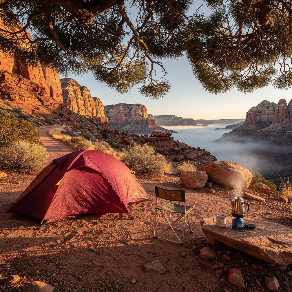 A maroon tent sits on sandy ground beside a winding dirt trail, with red rock cliffs rising nearby. Soft morning light glows through a juniper tree, and a thin mist hugs the canyon floor. A small chair and a little stove with a coffee pot rest on a flat rock, ready for a quiet day.