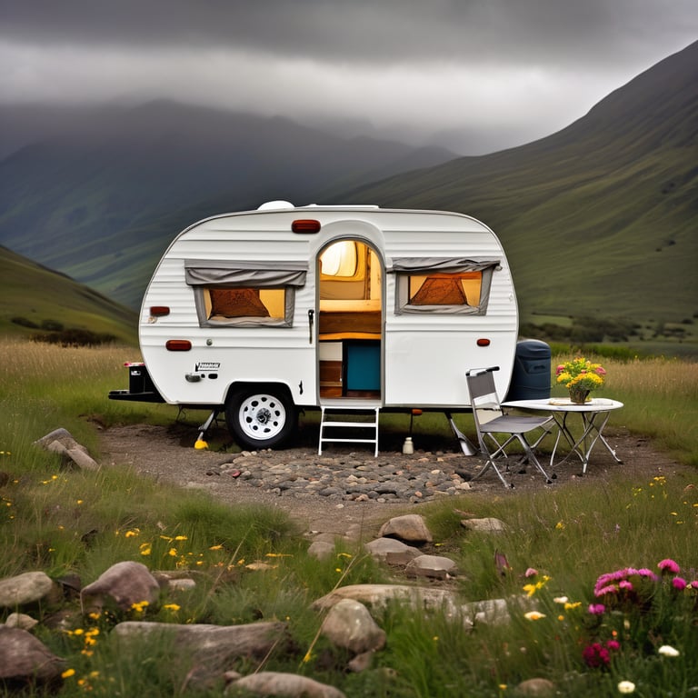 A white pop-up camper rests in a quiet mountain meadow beneath cloudy, drizzly skies. Gravel patches surround the campsite, while a solar lantern hangs from a nearby tree. A tiny hummingbird hovers by a flower as misty mountains rise in the distance.