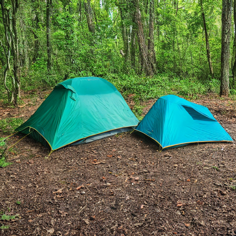 A teal tent rests beside a dirt clearing in the peaceful Ozark woods. Hikers explore nearby while a hammock swings between small trees. A campfire adds a cozy touch under the cloudy sky.