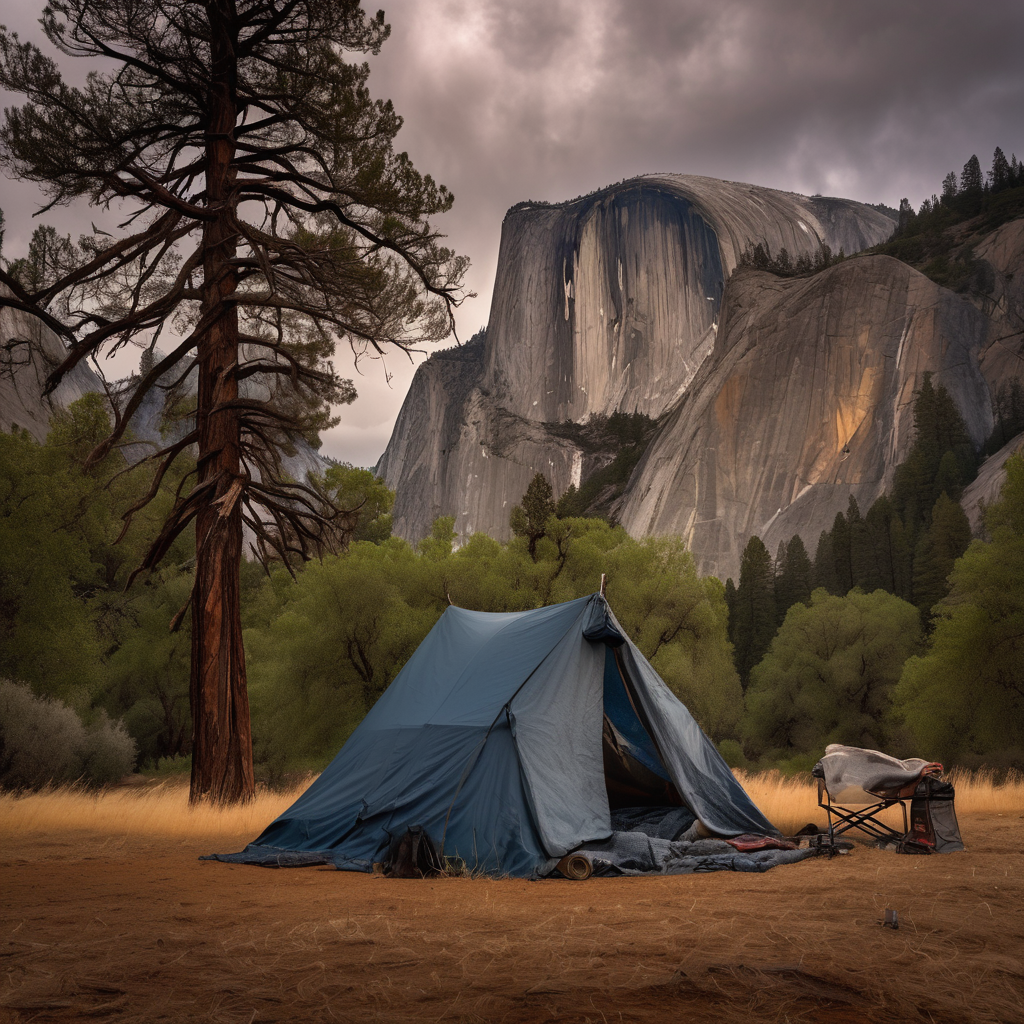 A cozy truck bed tent rests beneath tall trees in Yosemite. A clothesline sways in the cool morning air as rolling hills fade into the stormy sky.