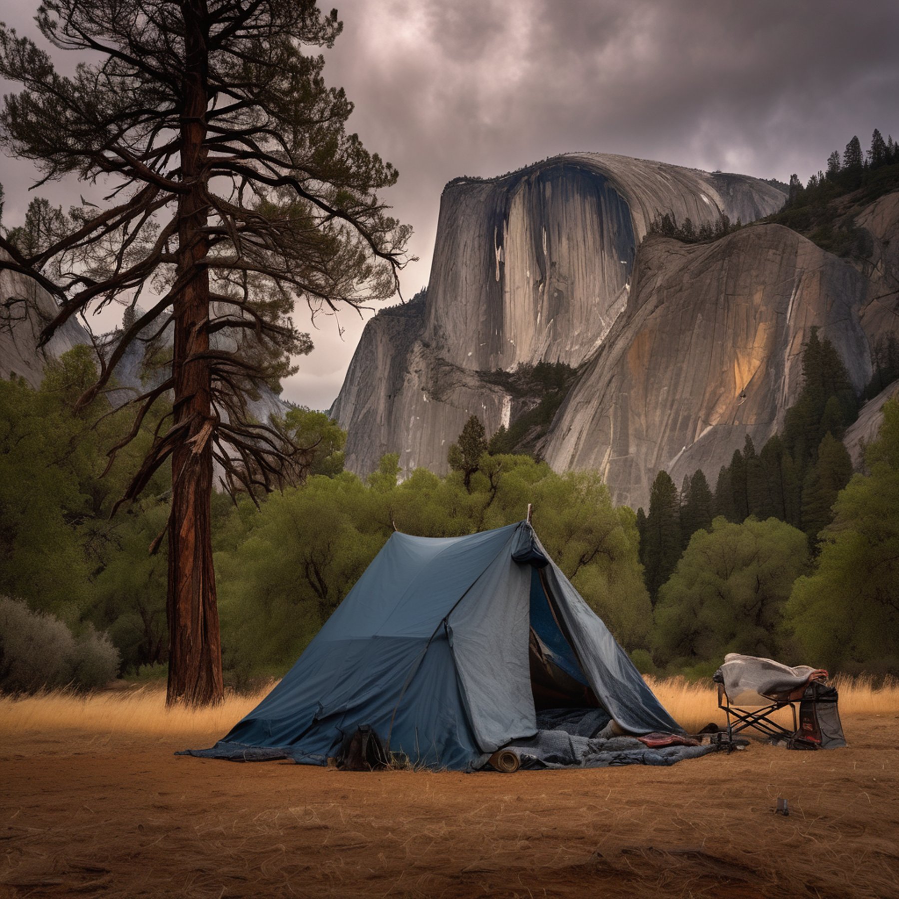 A cozy truck bed tent rests beneath tall trees in Yosemite. A clothesline sways in the cool morning air as rolling hills fade into the stormy sky.