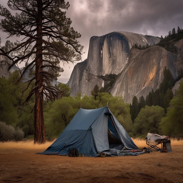 A cozy truck bed tent rests beneath tall trees in Yosemite. A clothesline sways in the cool morning air as rolling hills fade into the stormy sky.
